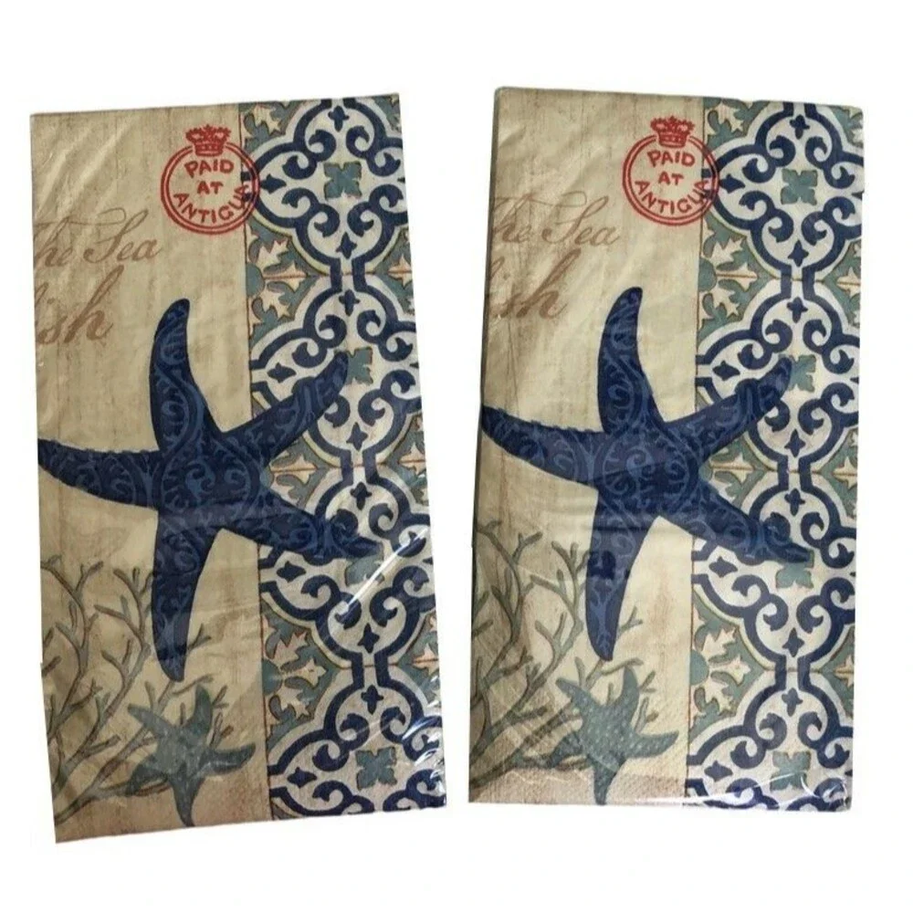 Blue Starfish Paper Napkins Hand Towels Decoupage 26 pk Set of 2 Beach Summer